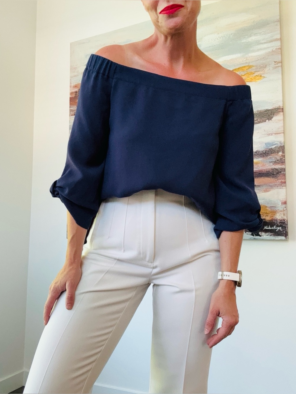 CLUB MONACO Sophiya Off-The-Shoulder Navy Blue Tie-Cuff Blouse Size 8